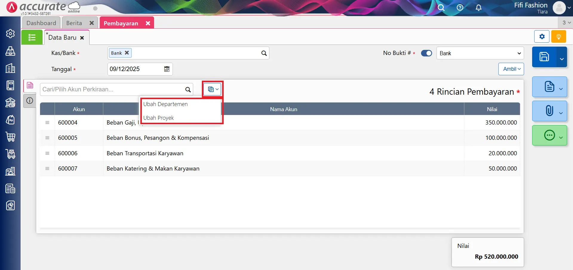 Mengubah departemen/proyek pada akun kosong